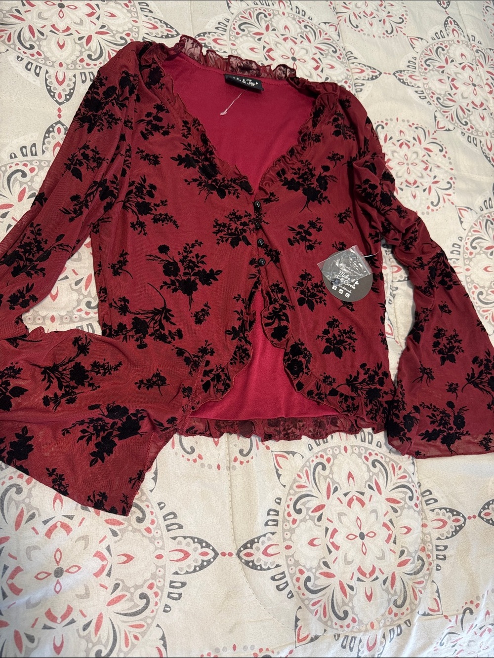 Red Velvet Floral Ruffle Cardigan